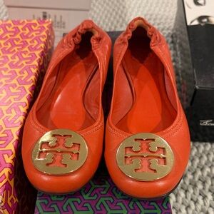Tory Burch Red Ballet Flats with Gold Logo